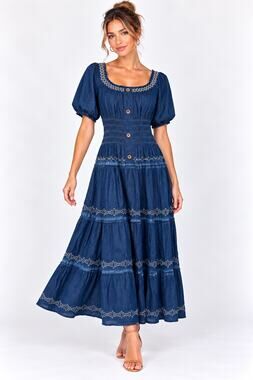 NWT Indigo & Lace Embroidered Smocked Waist Short Sleeve Milkmaid Maxi Dress
